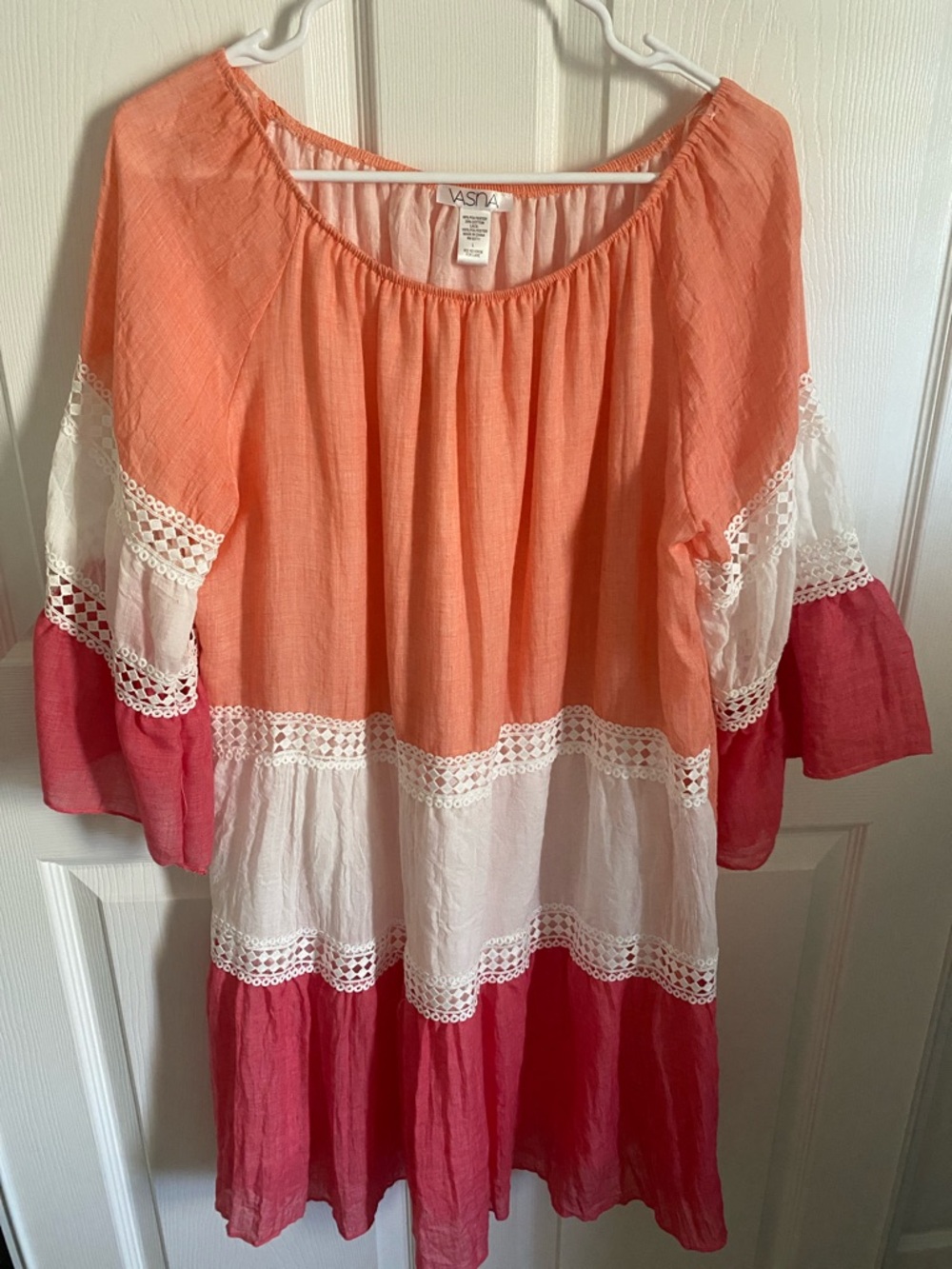 VASA Coral, White & Pink Tiered Midi Dress